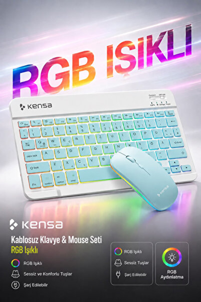Kensa Tablet ve Bilgisayar İçin RGB Led Işıklı Taşınabilir Kablosuz Bluetooth...