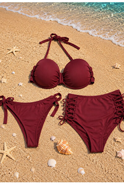 Nobrand Costum de baie damă 3 piese, vișiniu, sutien cu cupe și 2 slipuri ina...
