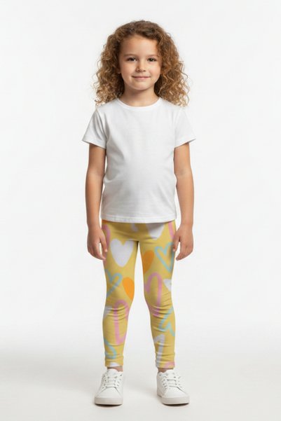 KİAGU Girls' Leggings Yellow Heart Patterned Stretchy Fabric 100% Cotton Leggings Cotton Casual Lycra Leggings 2-13 Years