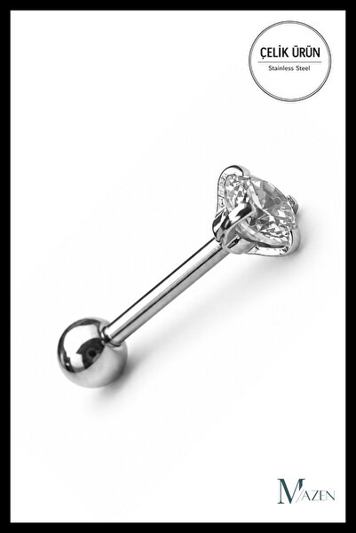 MAZEN Taşlı Labret Piercing Arkası Toplu Gümüş Renk Vidalı Tragus Helix Kulak...