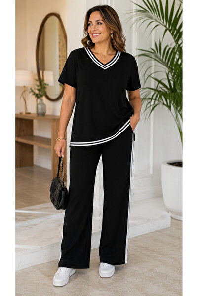 Kokosh moda Women's V-Neck Stripe Detailed Two-Piece Set – Comfortable Fit Wi...