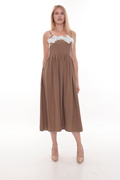 etselements Lace Detailed Thin Strap Midi Dress
