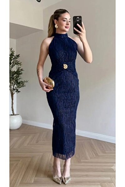 verabelle Buy Accessory Detailed Halter Neck Glittery Midi Burgundy Dress