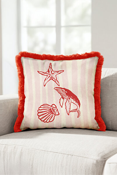 Evimde Bambaşka Striped Seashell Whale Fringed Pillowcase - Marine Pink Ecru ...