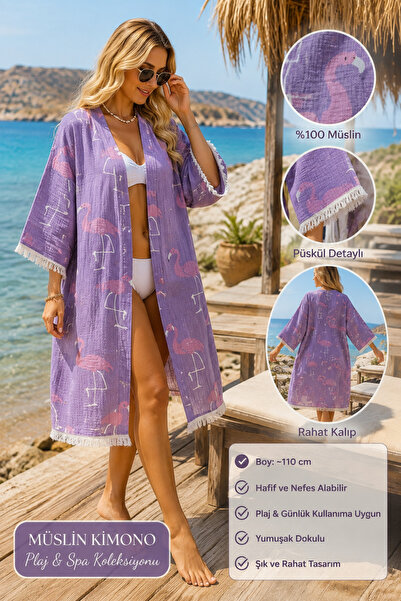 Genel Markalar Flamingo Desenli Müslin Kimono – %100 Pamuk | 110 cm Plaj Kimo...