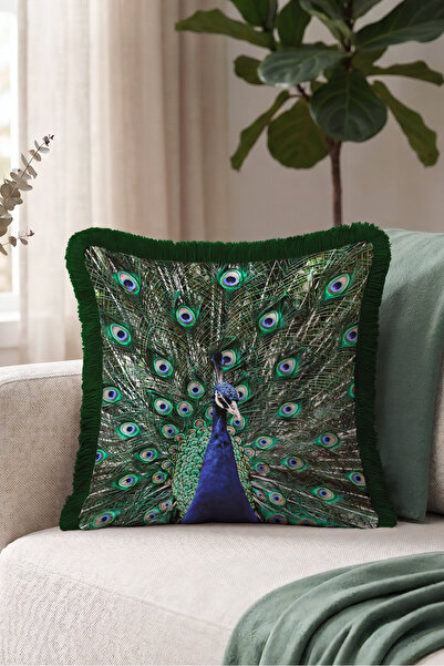Evimde Bambaşka Peacock Pattern Exotic Fringe Pillowcase - Animal Themed Gree...