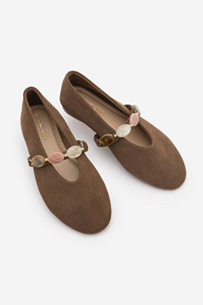 Marjin Women's Mary Jane Stoned Daily Ballet Flats Latari Brown Suede