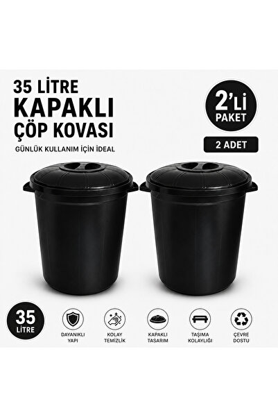 LİDERAMBALAJ07 2'li Paket 35 Litre Kapaklı Çöp Kovası Siyah | Dayanıklı Plast...