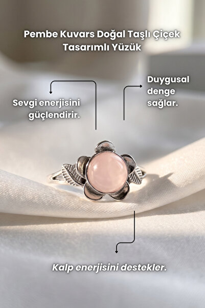 Elifsu Jewelry Pink Quartz Natural Stone Ring Adjustable Ring with Flower Design