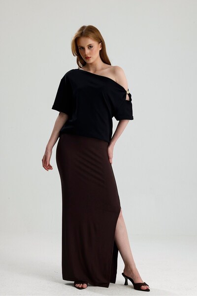 ROSE ARYA Brown Slit Long Skirt