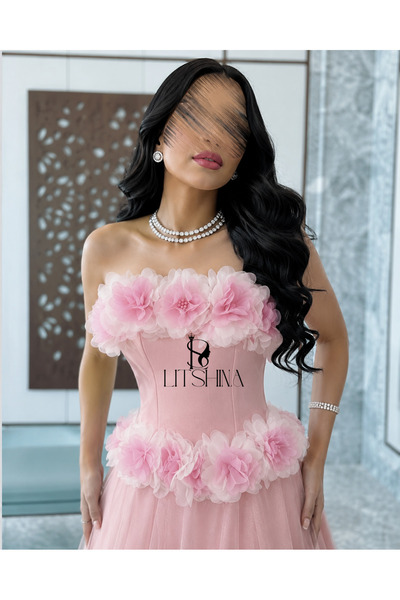 LITSHINA Pink Tulle Evening Dress Embellished with High-End Feminine Roses