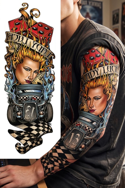 BP Tattoo Old School Tarzı Hot Rod, Zar ve Ateş Temalı Renkli Kol Dövmesi