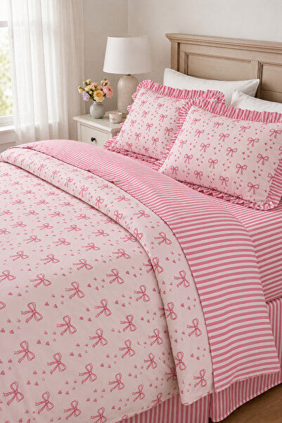 GÖRMEZ TEKSTİL 100% Cotton Ruffled Double Bow Pattern Duvet Cover Set