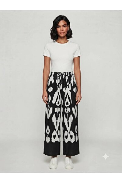 520CK Women's Black and White Ethnic Patterned Summer Trousers - Plazzo Pants