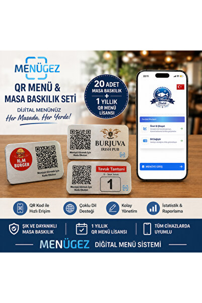 MenüGez QR Menü Sistemi | 20 Adet Metal Masa QR Baskılık + 1 Yıllık Dijital Menü Lisansı
