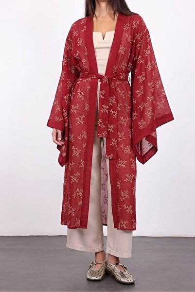 Suziş Red Belted Embroidered Pattern Printed Kimono 5097