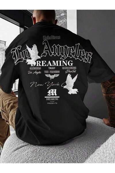 LUMSHİNE Oversize Los Angeles Back Printed Crew Neck T-Shirt