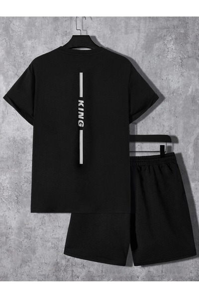 LUMSHİNE King Çizgi T-Shirt Shorts Set - Black Printed Oversize Crew Neck