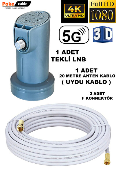 Poke 20 Metre Uydu Kablosu Tekli Çıkış 4k Full Hd 3d Lnb F Konnektör Pokesat