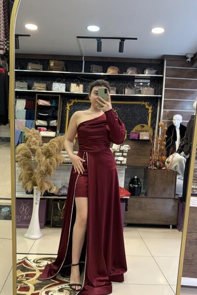 HÜMEYRA BUTİK One Full Sleeve Satin Evening Dress