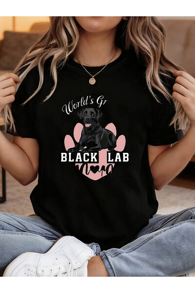 12 HERTZ World's Gr BLACK LAB Mom Letter Print T-shirt, Short Sleeve Crew Nec...