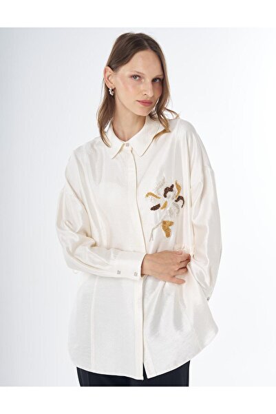 Kayra Satin Blouse Cream with Embroidery Detail