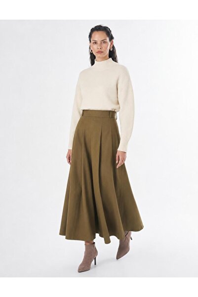 Kayra High Waist Pleated Skirt Khaki