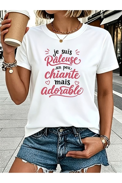 212Wear تي شيرت نسائي أبيض بأكمام قصيرة وياقة دائرية مطبوع عليه نصًا باللغة ا...