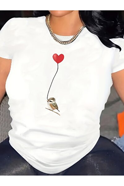 212Wear Y2K Elegant Heart Sparrow Print Round Neck Casual T-Shirt Short Sleev...