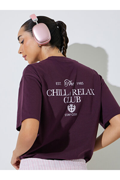 Styli Purple Oversized Slogan Print Cotton Blend T-Shirt