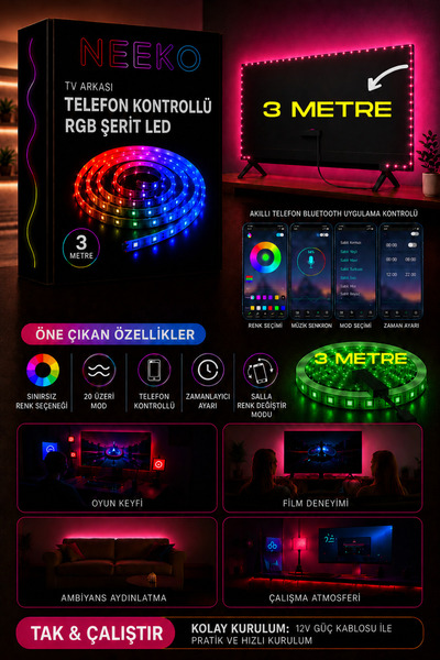 neeko TV Arkası Telefon Kontrollü RGB Şerit Led Sınırsız Renk 20 Mod 12V Kend...