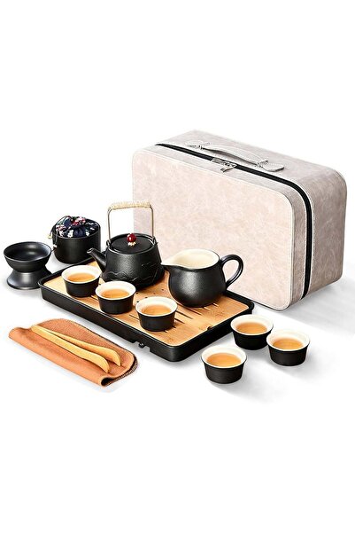Arabest Porcelain Chinese Gongfu Tea Set,Black Japanese Portable Travel Tea S...