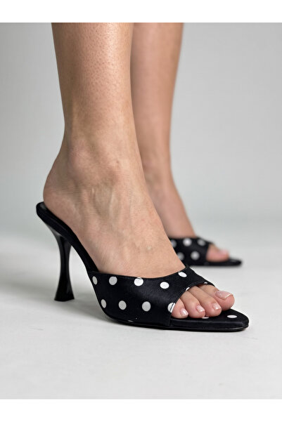 LORENN SHOES Black Polka Dot Satin Women's Heeled Slippers Pointed Toe Thin H...