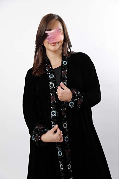 Anaqa Abaya Black Velvet Abaya with Fringed Trim