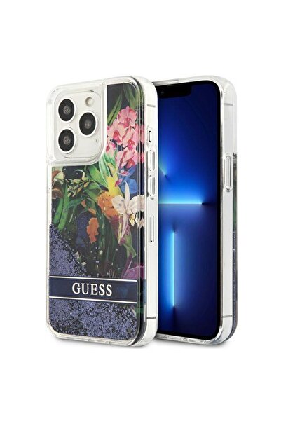 Guess Flower Liquid Glitter Case for iPhone 13 Pro, Blue