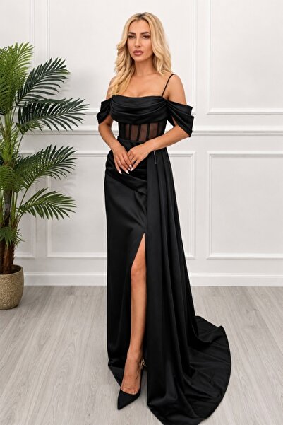 FashionForYou Μακρύ σατέν φόρεμα SABella, σε γραμμή γοργόνας, με πλάγια πιέτα...