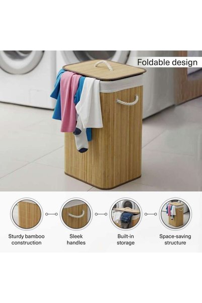 PAN HOME Libby Foldable Bamboo Laundry Hamper with Handle 70L 40X30X60cm - Natural