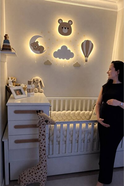BugyBagy Ahşap El Boyaması 4’lü Gece Lambası Seti – Pilli LED Bebek Çocuk Oda...