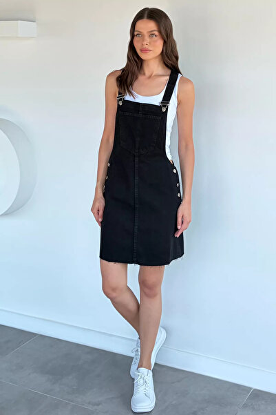 Aryena Black Women's Jean Denim Salopet Dress with Front Pocket Detail and Ta...