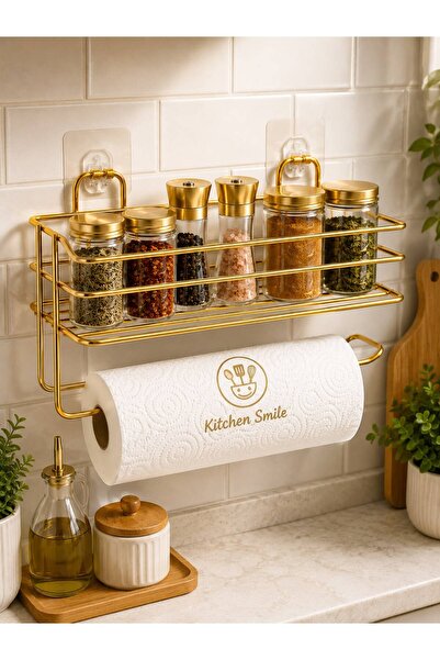 Kitchen Smile Gold Yapışkanlı Banyo Ve Mutfak Rafı Kağıt Havlu Askılı Banyo Duş Mutfak Organizer