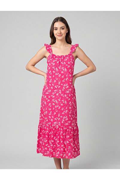 gökçesu Women's Strappy Patterned Summer Dress - Ruffle Detailed Strappy Midi...