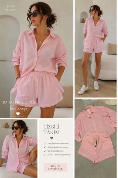 pembe çizgili ince gömlek şortlu ikili takım