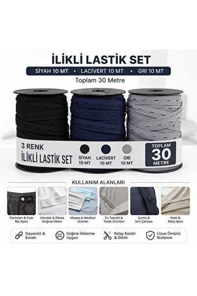 RuzgarHome İlikli Lastik Seti 3 Renk (Siyah-Lacivert-Gri) 10'ar Metre Toplam ...