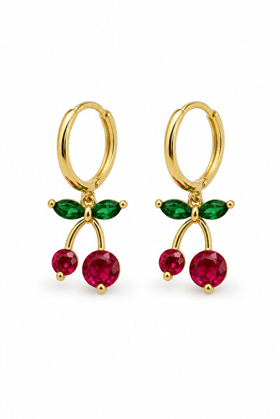 Jack Ferrero Yellow Color Cherry Figured Red and Green Stone Hoop Earrings
