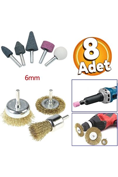 REKOTOOLS -8 Parça Mini Taşlama ve Tel Fırça Seti 6 mm Şaftlı