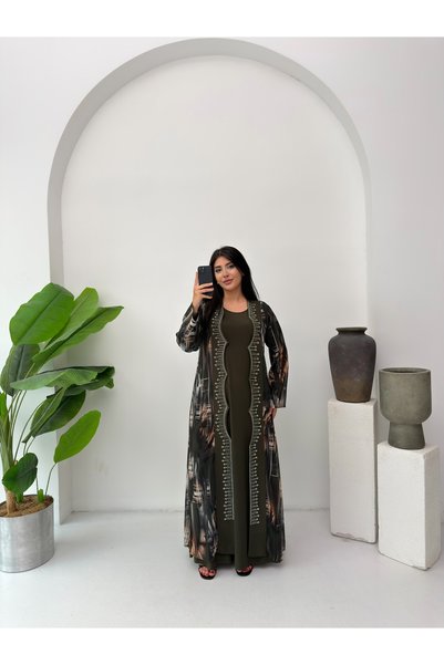 Missrosemoon Büyük Beden Tesettür 2’li Elbise Takım –Taş Detaylı Uzun Desenli...