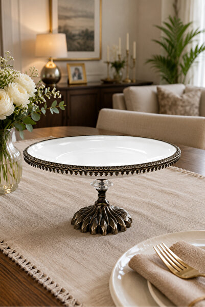 Vien Home Vintage Ayaklı Porselen Sunum Tabağı – Metal Gövdeli Dekoratif Serv...