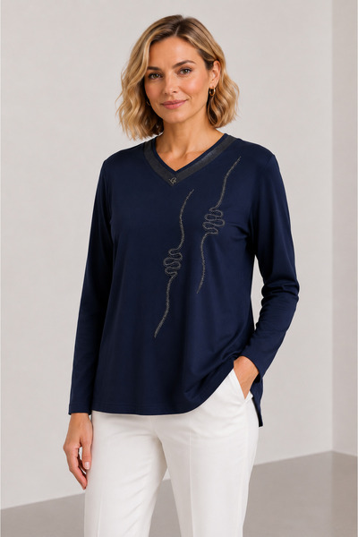 bihan store Women's V-Neck Stone Embroidered Curved Pattern Detailed Long Sle...