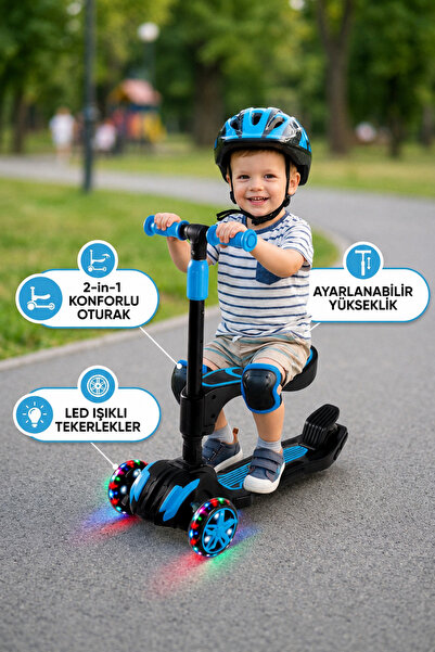 Furkan Combo 3-7 Yaş Led Işıklı 3 Tekerlek Oturaklı Yükseklik Ayarlı Katlanab...