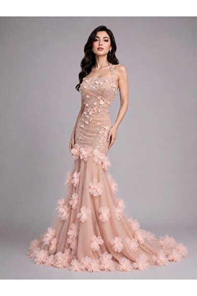 ranin Light Pink Barbie Evening Dress Embroidered Gazar Tulle Laser Roseclush